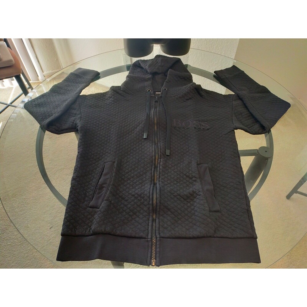 Hugo Boss Quilted Black Hooded Zip Up Sweater Jacket Size Medium